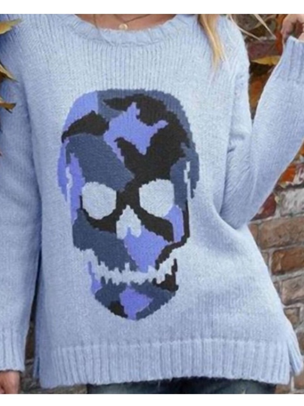 Wooden Ships Light Blue Skull Intarsia Crewneck Sweater